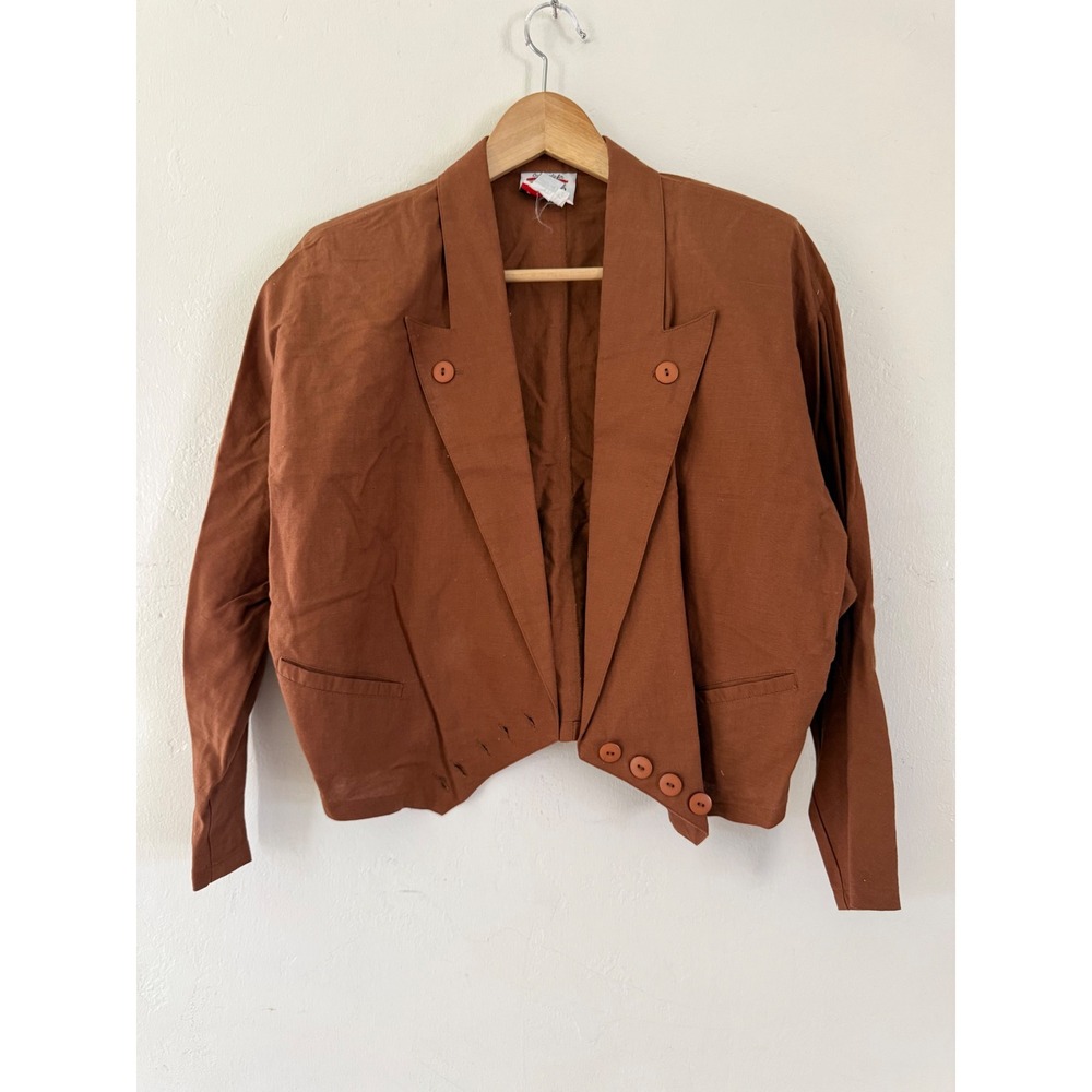 Vintage Contempo Casuals Brown Linen Cotton Cropped Blazer Jacket Womens Medium